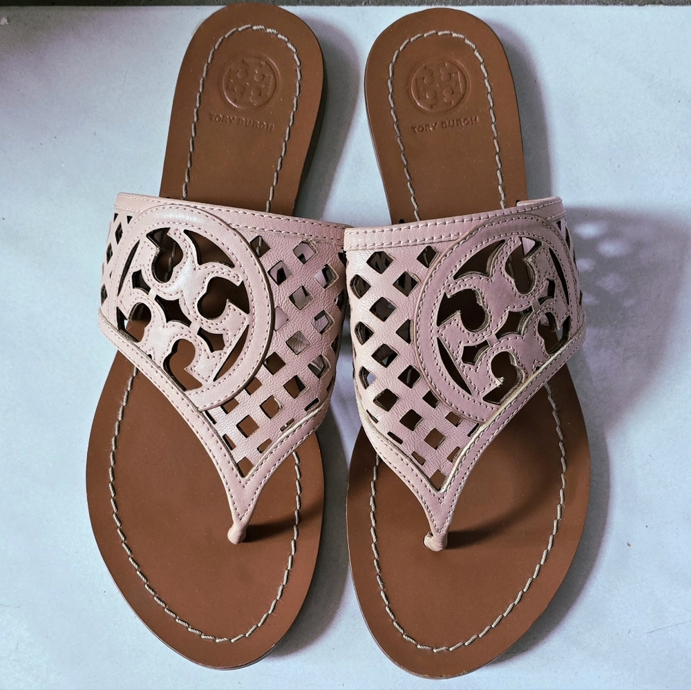 Tory Burch Blush Pink Laser-Cut Out Thong Slide Sandals